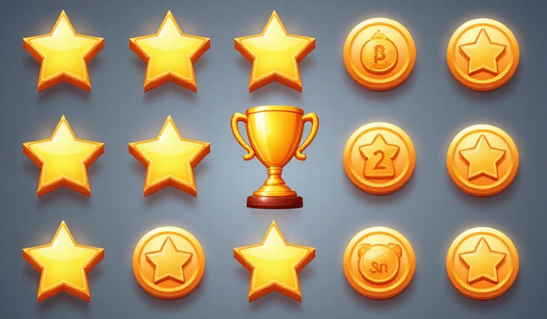 A collection of stylized achievement badges (stars, trophies, medals) glowing with light