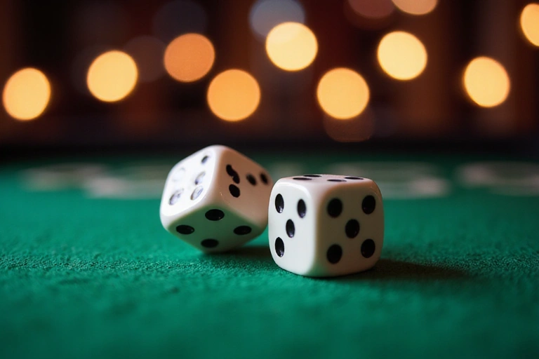 Detailed close-up of craps dice showing a winning roll, with glowing light reflecting off the dice surface.