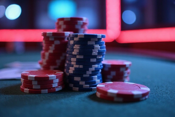 A close-up of virtual poker chips stacked, with a blurred background of a poker table and neon lights.