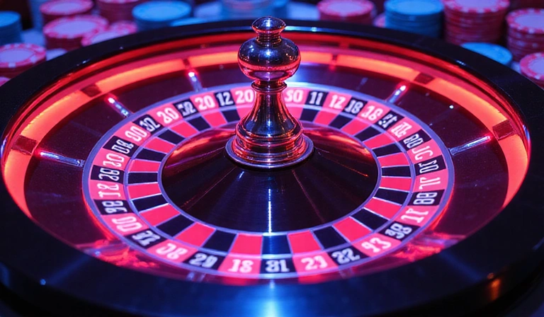A vibrant, neon-lit roulette wheel with a spinning ball, surrounded by a stack of casino chips.