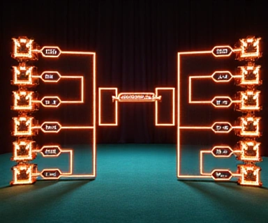 Dynamic graphic representing a tournament bracket with glowing virtual trophies for Blackjack Blitz